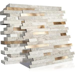 KASARO 8-Sheet Peel and Stick Marble Tiles for Kitchen, Marble Beige with Vintage Golden Embellished Stripes, Self-Adhesive Aluminum Wall Backsplash Stick on Bathroom, Fireplace, RV