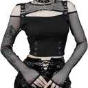 Women's Gothic T-Shirt Goth Crop Top Y2k Streetwear Long Sleeve Tops Rave Shirts (Large, Black 1)