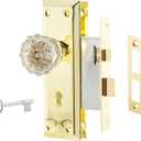 Mortise Lock Set for Interior Door, Antique Vintage Style Crystal Glass Door Knobs with Skeleton Key, Upgraded Reversible for Left & Right Handed Door, Polished Gold/Brass Finish