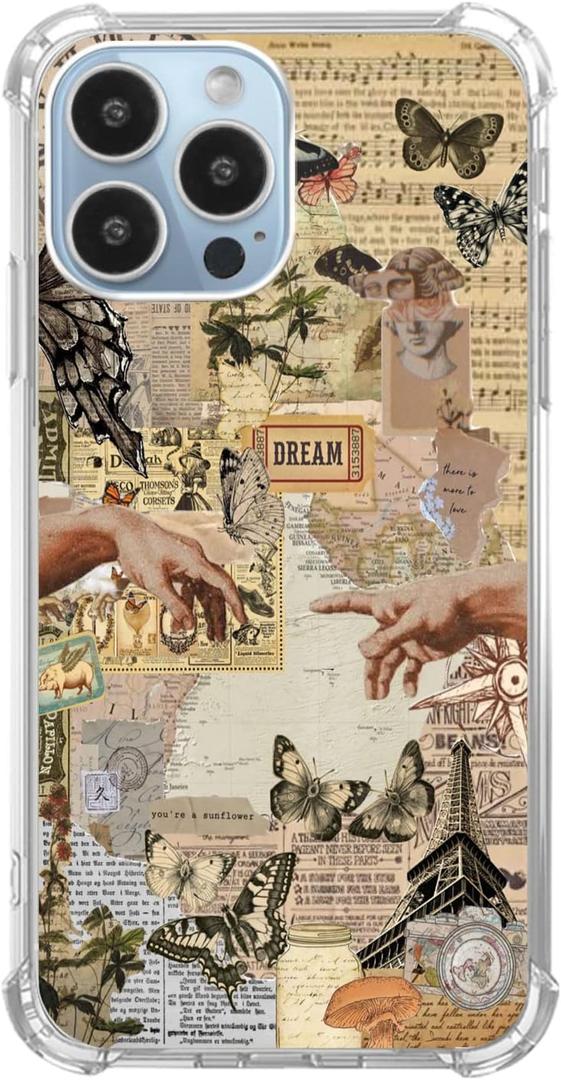 Retro Vintage Newspaper Collage Phone Case for iPhone 13 Pro Max, Aesthetic Beige Moths Eiffel Tower Case for Teens Women Men, Trendy TPU Bumper Cover for iPhone 13 Pro Max