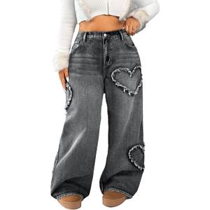 High Waisted Wide Leg Jeans, Heart Pattern Distressed Denim (3X, Gray)