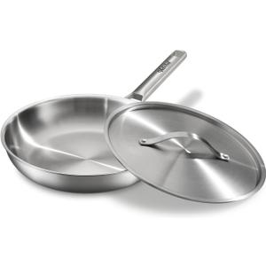 Stainless Steel Frying Pan 12 Inch with Lid, Fully Clad Tri-Ply Stainless Steel Skillet for Even Heating, Brushed Finish, Dishwasher & Oven Safe, Induction & All Stovetops Compatible