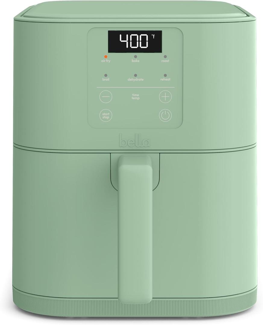 Bella 6 Qt Slim Air Fryer, Fits-anywhere Kitchenware, EverGood Ceramic Nonstick Coating, Adjustable Temperature, 6 Preset Cooking Options, 60 Min Auto Shutoff w Audible Tone, 5lb Capacity, Seaglass