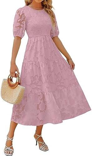 ZESICA Women's 2025 Summer Short Puff Sleeve Crewneck Smocked Floral Lace Flowy A Line Tiered Maxi Dresses, Large 