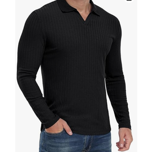 Askdeer Men's Muscle Polo Shirts V Neck Slim Fit Ribbed Long Sleeve Golf Collar Shirt Knit Casual Tee, Black, Small