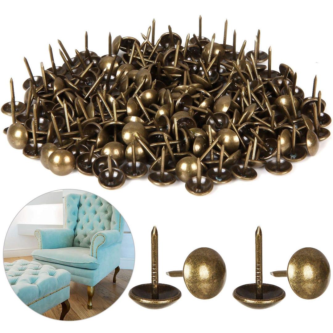 500Pcs Decorative Upholstery Tacks, 7/16 Antique Furniture Nails Pins, Brass Finish Metal Thumb Tack Stud Push Pins for Sofa Chair Bed Headboard, Upholstery Pin Assortment Kit for Furniture Dcor