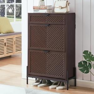 Shoe Cabinet Storage with 2 Flip Drawers, Narrow Hidden Shoes Organizer Cabinet for Entryway, Freestanding Slim Shoe Rack Front Door Entrance(Brown), Medium
