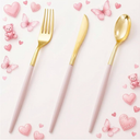 72 Items, Pink Plastic Silverware,Gold Disposable Flatware with Pink Handle, Gold Plastic Cutlery Set Includes: 24 Forks, 24 Knives and 24 Spoons, Tableware Set for Party and Wedding