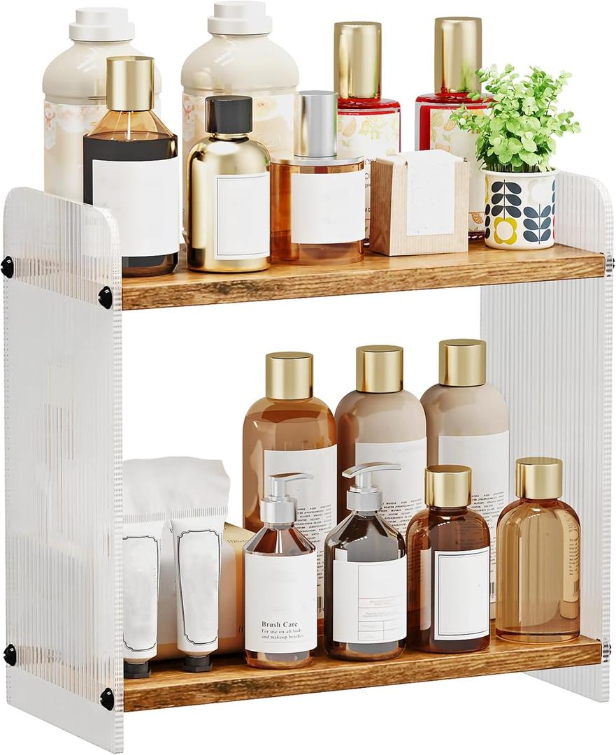 Bathroom Countertop Organizer, 2-Tier Vanity Organizer and Storage for Cosmetic Skincare Perfume, Wood Acrylic Storage Shelf for Bathroom Kitchen Corner, Rustic Brown