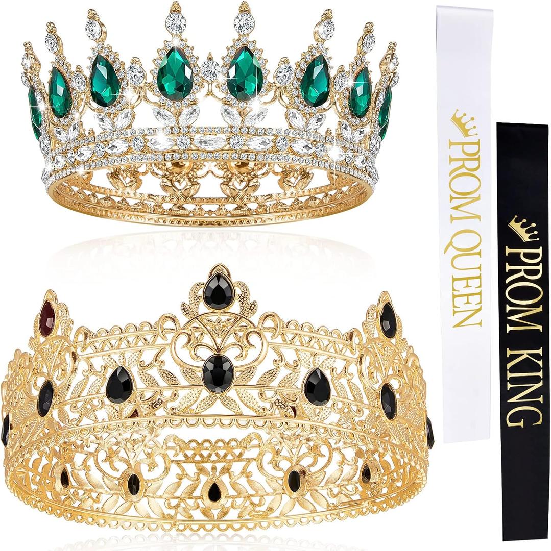 4 Pieces Gold King Crown Tiara for Men Women Prom Queen and King Satin Sash Rhinestone Crown for Wedding Graduation(6.8 x 2.5 Inch, 5 x 2 Inch,Green Diamond)