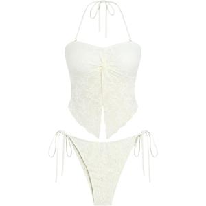 ZAFUL Floral Twist Bikini Set for Women Halter Tankini Tie Side String Swimsuit Two Piece Bathing Suit (X-Large, 2-lace Beige)