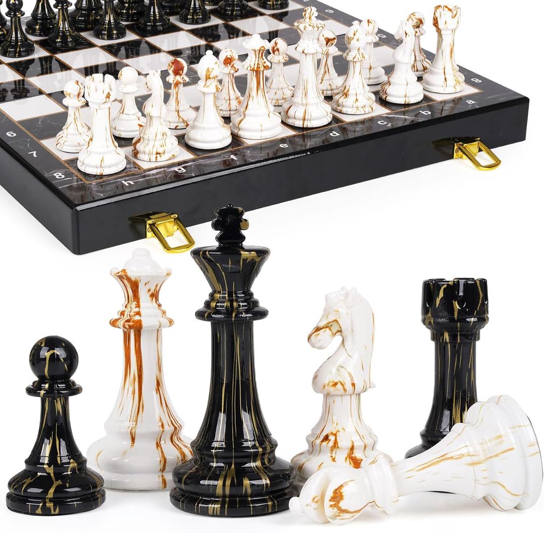 15" Large Chess Set for Adults with Weighted Acrylic Chess Pieces 3.5" King & Portable Folding Marbling Wooden Chess Board Travel Chess Sets Family Board Game Gift  Elegant Classic Chess Game