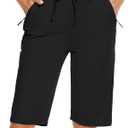 Womens Bermuda Shorts 12" Knee Length Drawstring with 2 Deep Zippered Pockets Comfy Lounge Breathable Shorts (Medium, Black)