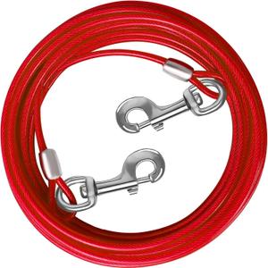 Dog Tie Out Cable 10/15/20/25/30 FT Runner for Yard - Steel Wire Cable With Durable Superior Clips - Red Chain for Outside Lead - Large Dogs Up to 165 lbs