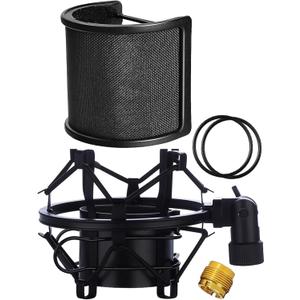 Microphone Shock Mount with Pop Filter, Mic Anti-Vibration Suspension Shock Mount Holder Clip for Diameter 46mm-51mm Microphone (Black)