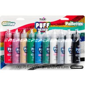 Tulip Glitter Puff Paint Pack, Permanent Multi-Surface Craft Paint for Drawing, Marbling, Hand Lettering or Dot Art Techniques, Use on Fabrics, Decor, Rock Painting, Egg Painting, Ornaments, 10 Colors