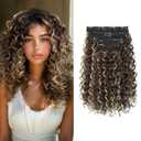 Flufymooz 4PC Clip in Hair Extensions, 14 Inch 100 Pure Protein Silk Short Hairpiece Deep Curly Wavy Hair Extensions Clip in Natural Soft Hairpiece for Women-Medium Brown Ash Blonde Highlight