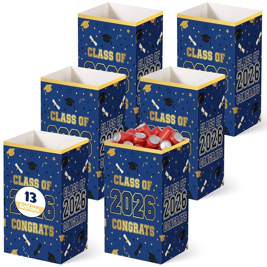 Tinlade 6 Pack 2026 Blue and Gold Graduation Decoration 13 Gallon Disposable Trash Cans for Parties Class of 2026 Garbage Recycle Pop up Bins Large Waterproof Foldable for Graduation Party School