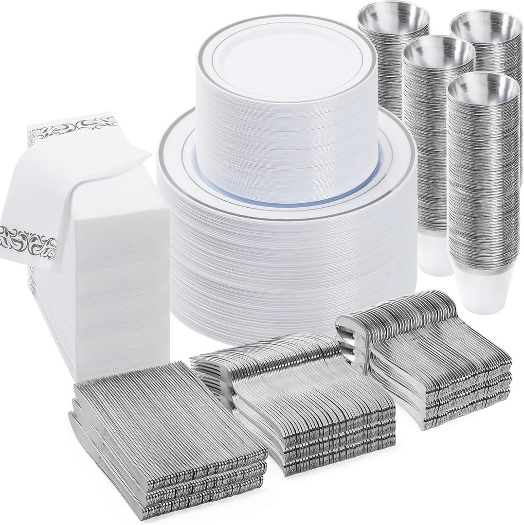 700 PCS Silver Dinnerware Set for 100 Guests, Plastic Dinnerware Set for Party, Include: 100 Dinner Plates100 Dessert Plates, 100 Silver Plastic Silverware Set, 100 Cups, 100 Paper Napkins