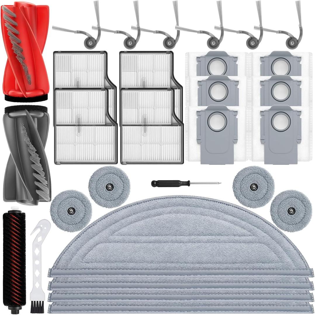 29Pcs Replacement Parts Accessory for Roborock Saros 10 Robot Vacuum Kit, 2 Main Brush, 1 High-Speed Clean, 4 Hepa Filter, 8 Mop Pads, 6 Side Brush, 6 Dust Bags, 1 Screwdriver, 1 Clean Tool