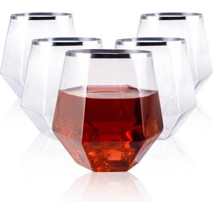 LUODA 32 Pack Silver Plastic Wine Glasses,12 Oz Disposable Whiskey Glasses, Silver Stemless Diamond Shaped Wine Glasses For Serving Wine, Cocktail, Whiskey,Wedding