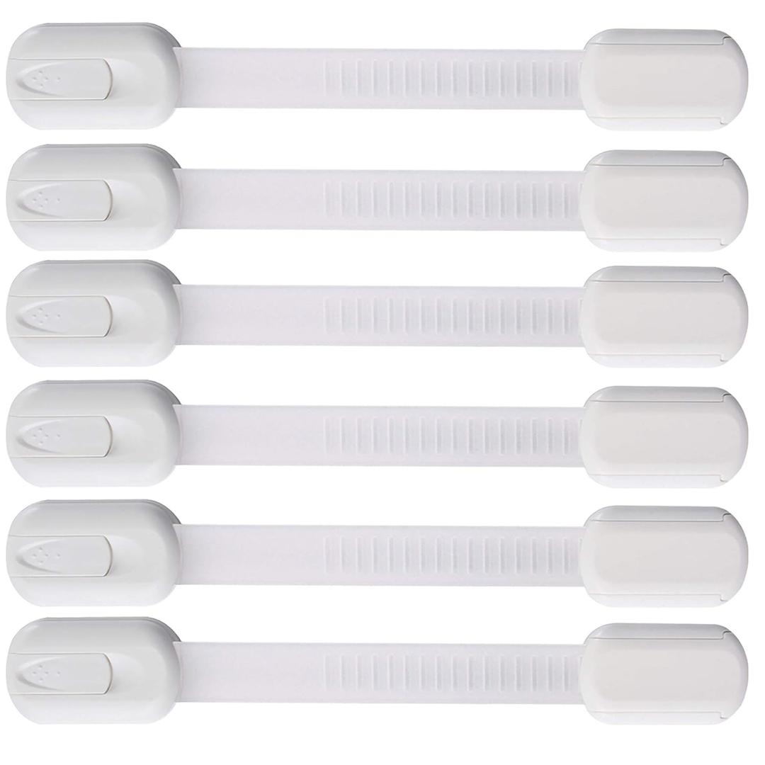 6 Pack Vmaisi Multi-Use Adhesive Straps Locks - Childproofing Baby Proofing Cabinet Latches for Drawers, Fridge, Dishwasher, Toilet Seat, Cupboard, Oven,Trash Can, No Drilling (White) (6)