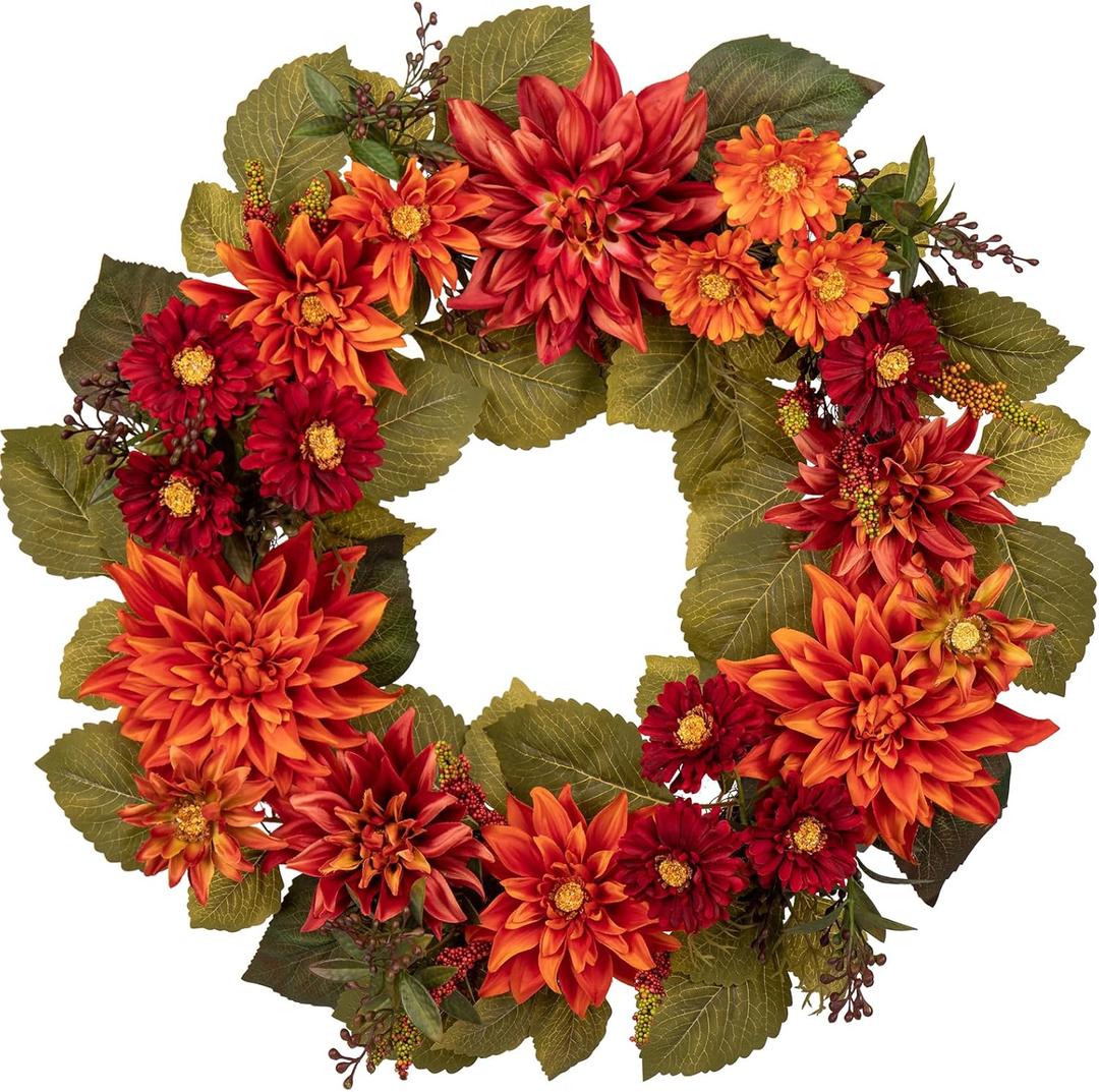 24" Artificial Christmas Wreath for Front Door Flower Wreath with Orange Dahlia and Mums Christmas Decorations for Home Farmhouse Wall Mantel Dcor