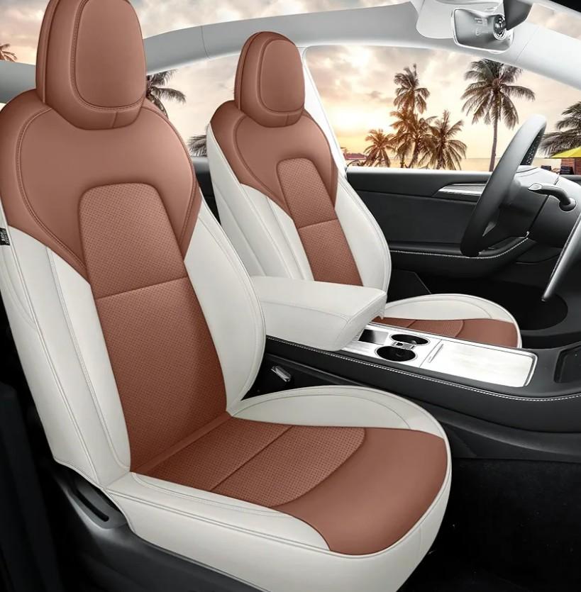 for Tesla Model Y Seat Covers 2020-2024 Nappa Leather Car Interior Seat Compatible with Airbag Cushion Cover 5 Seats (TY-Brown&Beige)