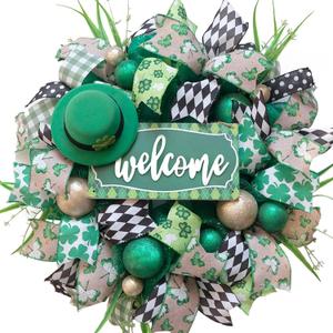 Idyllic 22 Inch St Patricks Day Wreath with Leprechaun Hat Shamrock Ribbons and Glitter Balls for Front Door Fireplace Indoor Outdoor Irish Party Decor