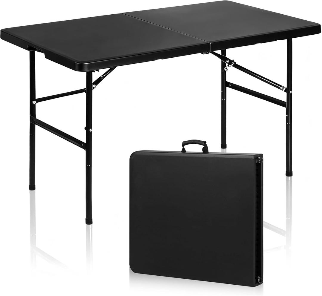 SUPER DEAL Portable 4 Foot Plastic Folding Table, Indoor Outdoor Heavy Duty Fold-in-Half Picnic Party Camping Barbecues Table with Carrying Handle, Black