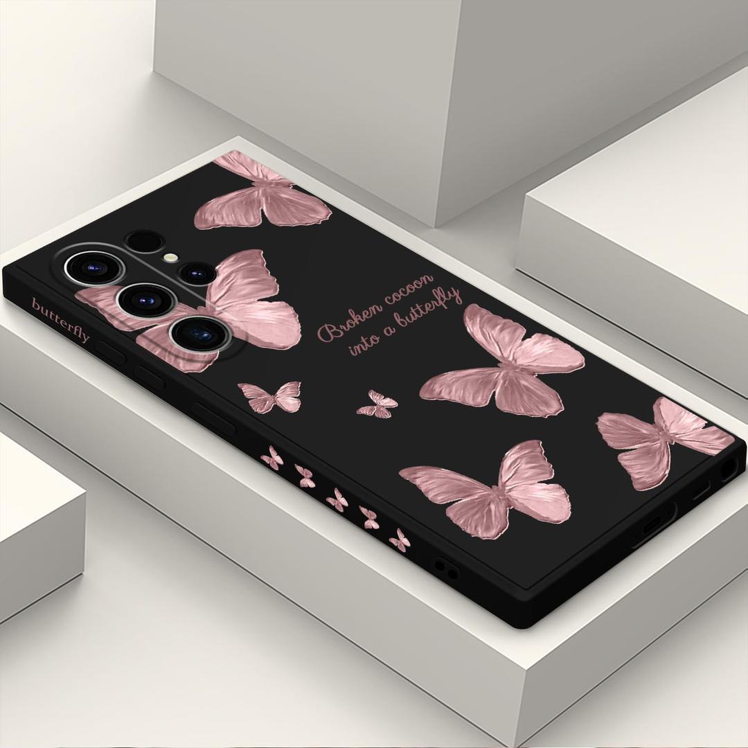 for Samsung Galaxy S23 Ultra Case, Flowers Butterfly Anti Slip Shockproof Flexibility Soft Silicone Protector Phone Case for Samsung S23 Ultra-Butterfly Black