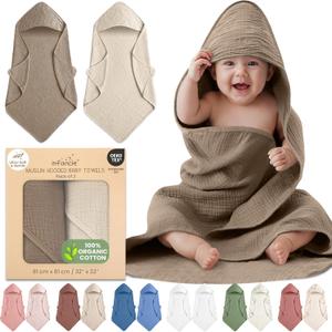 100% Organic Cotton Muslin Baby Hooded Towels 32x32 Inch  2 Pack Soft & Absorbent Hooded Baby Towels For Boys & Girls, Premium Hooded Towels, Ultra-Gentle Baby Essentials in Deep Olive/Ivory