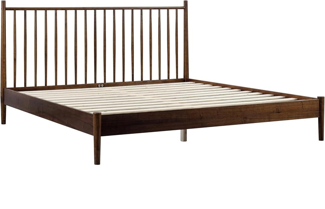 NTC Inno Wooden Bed Frame with Headboard, Solid Oak and Rubber Wood Foundation with Silent Slats and Wood Central Supports, 1000 Lb Capacity, Effortless Assembly, King - Dark Walnut