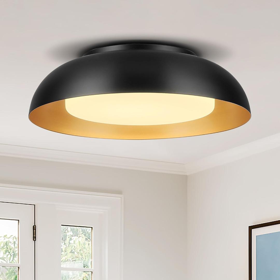 15in LED Flush Mount Ceiling Light, 28W Dimmable Ceiling Light Fixtures with Frosted Glass, Black and Gold Finish Modern Ceiling Light for Bedroom Kitchen Living Room, 3CCT, OS-DY2001-BK, 16-Inch Large