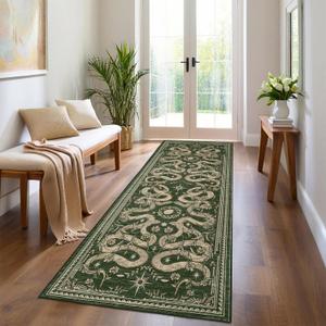 Snake Washable Runners for Hallways 2.5x8 Runner Rug for Kitchen Non Slip with Rubber Back Forest Soft Low-Pile Stain Resistant Thin Carpet for Entryway Bedroom Laundry Room Green