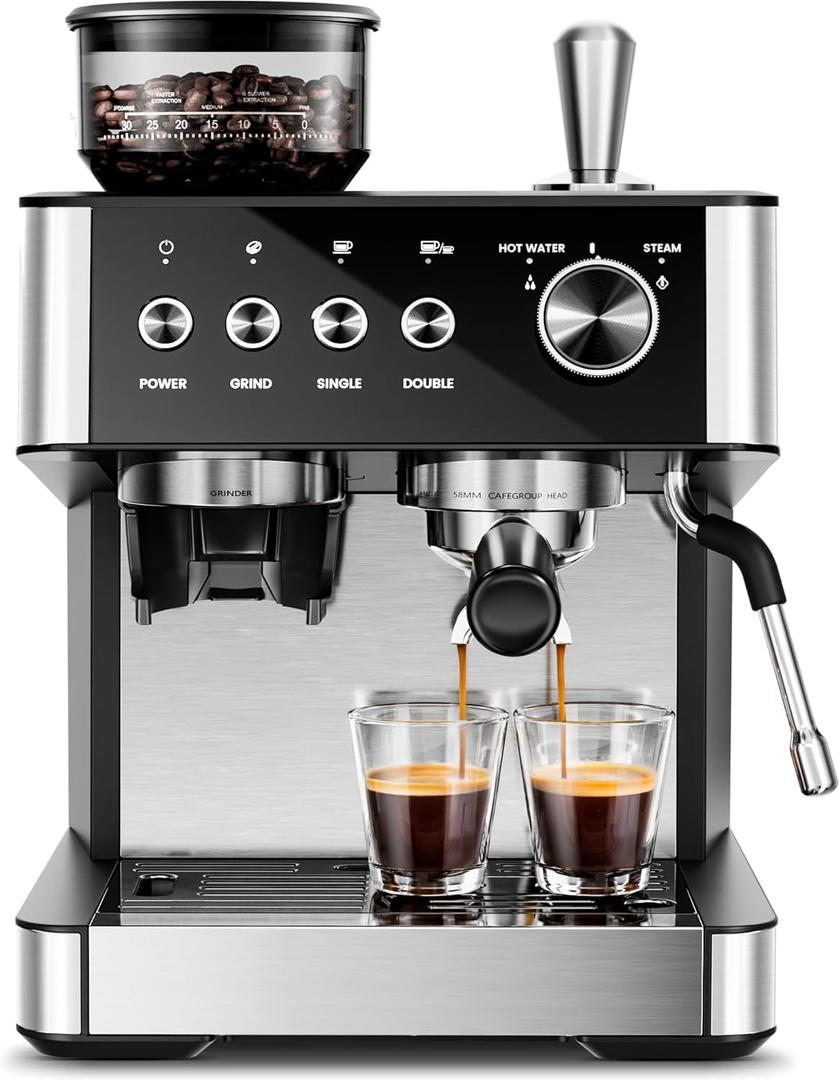 Kismile Espresso Machines with Grinder,20 Bar Professional Espresso Maker with Removable Water Tank,Milk Frother Steam Wand for Latte&Cappuccino,Ideal for Home/Office(BLACK)