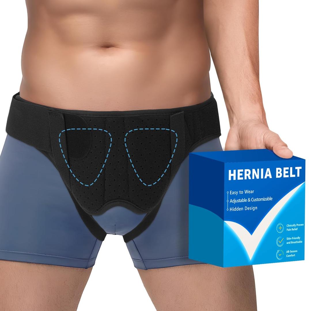 Hernia Belt for Men & Women - Single/Double Inguinal, Comfortable Groin Hernia Support Truss, Pain Relief Recovery Adjustable Strap with 2 Removable Compression Pads (Black)