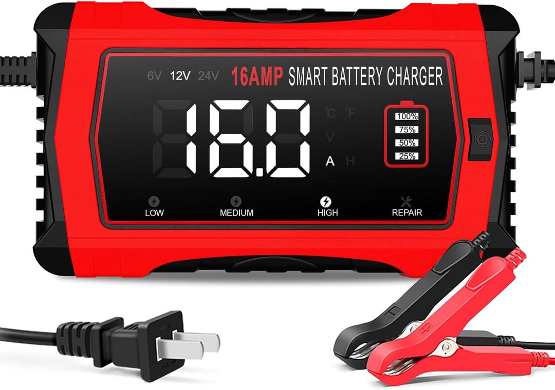 16 Amp Battery Charger, Car Battery Charger 6V 12V 24V Lithium, Lifepo4, Lead-Acid (AGM/Gel/SLA..), Battery Maintainer, Trickle Charger, and Battery Desulfator for Car, Boat, Motorcycle