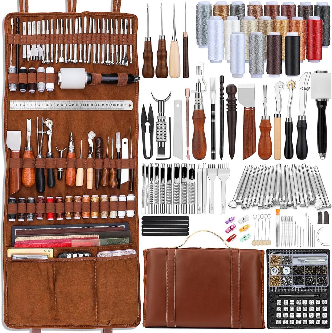 TLKKUE Leather Tooling Kit Leather Craft Tools Leatherworking Kit with Custom Handbag Cutting Mats Engraving Punching Sewing Stamping Sanding Tools for Handicraft Work Professional (XXXL)