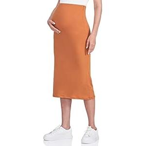 POSHDIVAH Women's Maternity Skirt Over The Belly Midi High Waisted Solid Stretchy Pregnancy Pencil Skirt (Medium, Camel)