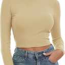 Artfish Women's Round Neck Long Sleeve Knit Ribbed Fitted Crop Top Casual Basic Shirts (Beige Tan Khaki)