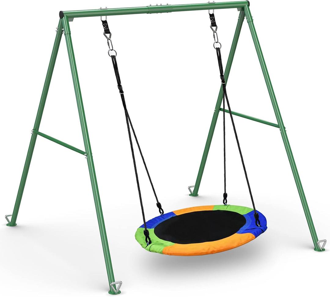 PACEARTH 440lbs Capacity Flying Saucer Swing Set with Heavy Duty A-Frame Metal Swing Stand, Full Steel, Outdoor for Kids, Backyard, Playground, Outdoor (Muticolour)