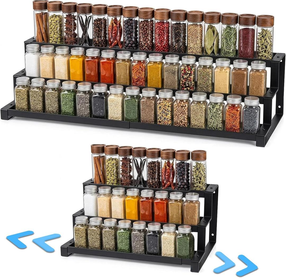 Expandable Spice Rack Organizer for Cabinet, Metal Spice Organizer Adjustable Length, Seasoning & Pantry Organization Shelf 3-Tier, Non-Skid Step Shelf for Kitchen Cabinet, Pantry or Countertop, 15x27.5x37