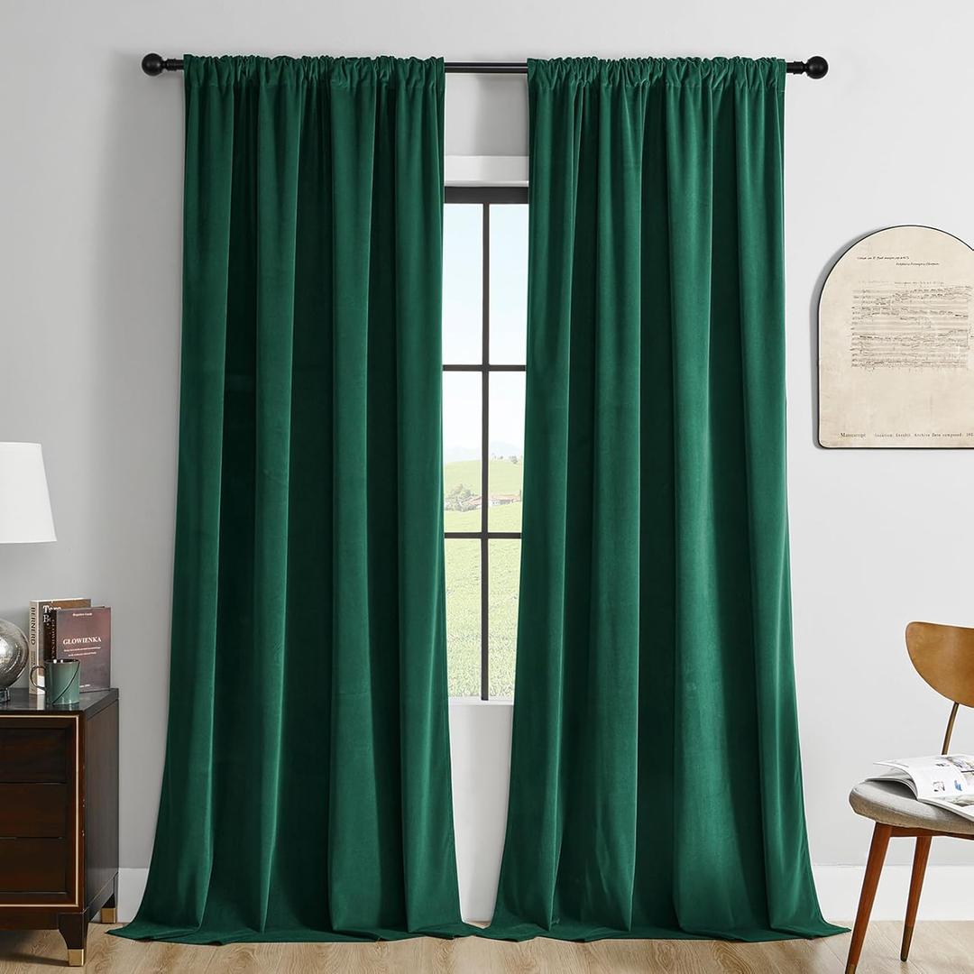 Joydeco Dark Green Velvet Curtains 84 inch Length 2 Panels Burg Set, Luxury Rod Pocket Thermal Insulated Window Blackout Curtain, Room Darkening Drapes for Living Dining Room Bedroom Privacy (52"W x 84"L (Pack of 2), Rod Pocket | Dark Green)