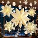 5Pcs Christmas Paper Snowflake Lanterns, Large Christmas Paper Star Lanterns with Lights & Banner White Hanging Snowflake Lamps for Xmas Winter Frozen Weddings Birthday Holiday Party Decorations