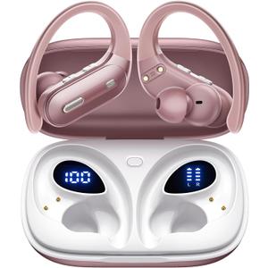 Wireless Earbuds Bluetooth 5.3 Headphones 90 Hrs Playtime Ear buds with Wireless Charging Case Power Display Over-ear Earphones with Earhooks Waterproof Stereo Headset for Android phone Workout Pink