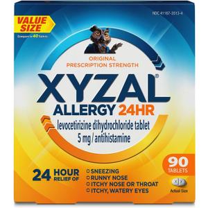 Xyzal 24 Hour Allergy Relief Medicine, Original Prescription Strength Antihistamine, Levocetirizine Dihydrochloride Tablets, 5 mg, 90 Count BBD: 07-2028