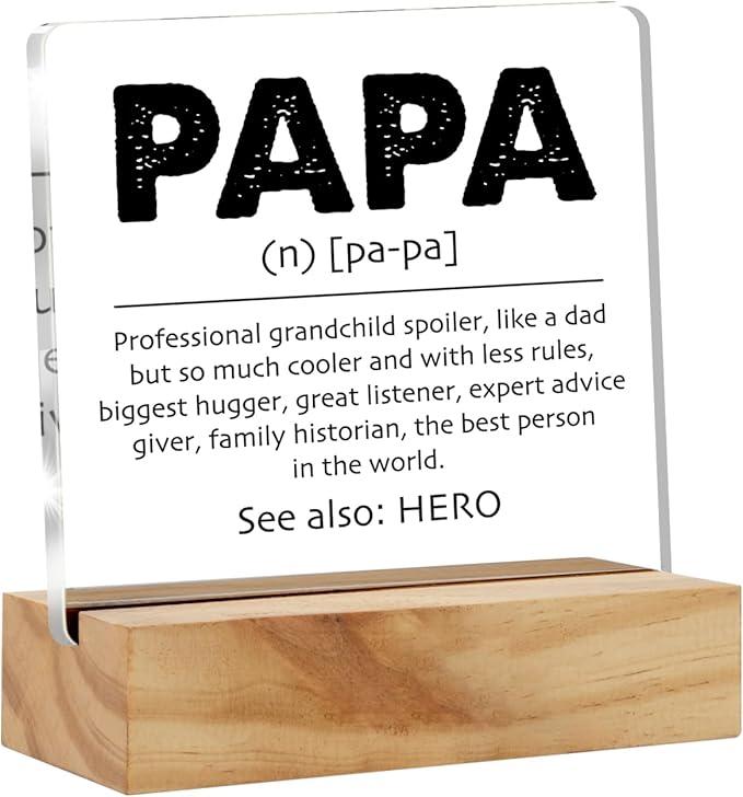 Gifts for Papa Grandpa Grandfather, Papa Definition Desk Decor Acrylic Desk Plaque Sign with Wood Stand Home Office Desk Sign Keepsake Father's Day Present