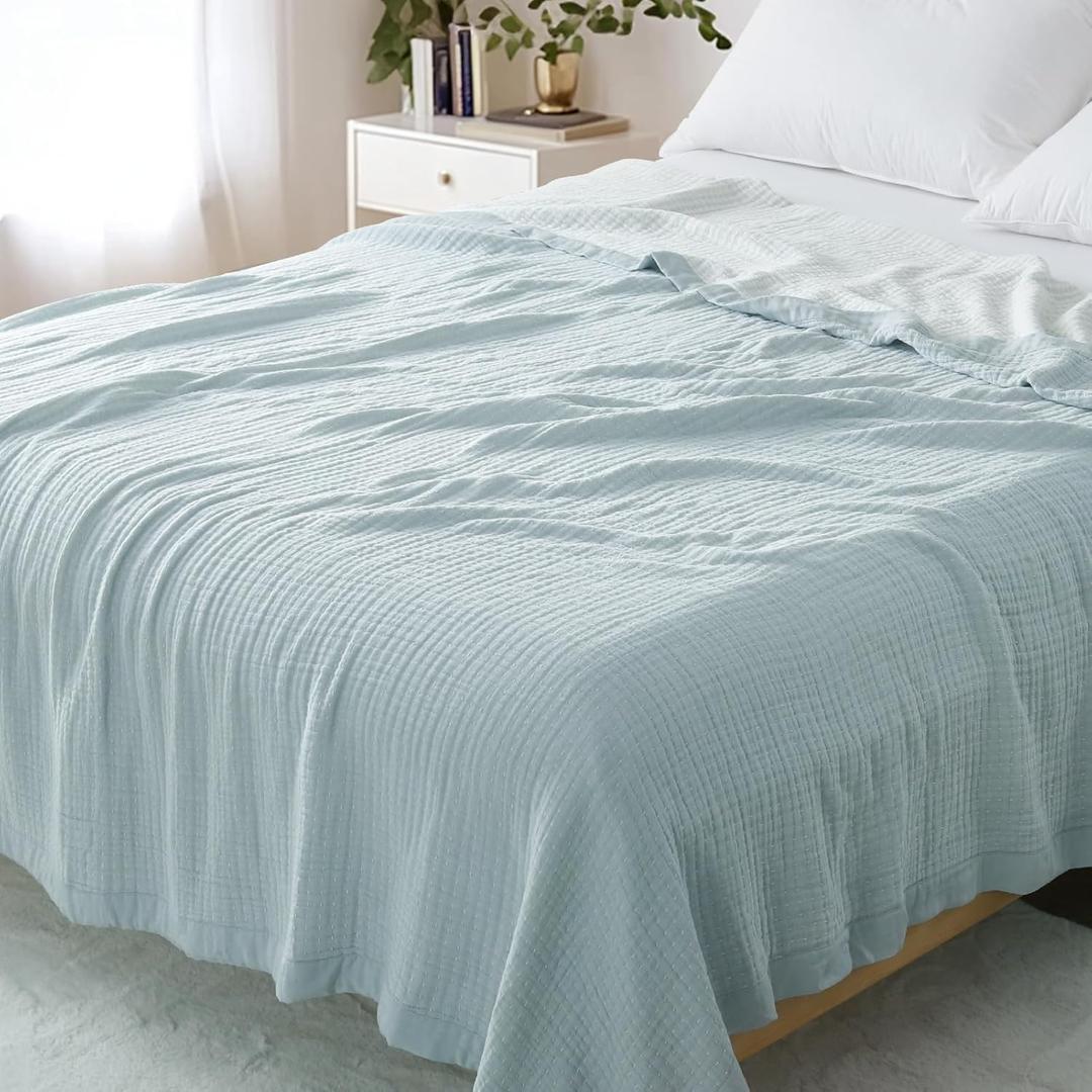 Cotton Muslin Blanket Queen Size for Bed Couch, Lightweight Breathable Large Muslin Bed Blankets for Adults, Cotton Gauze Blanket Queen Muslin Blankets for All Season, Blue, 90x90 Inches
