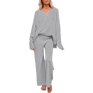 Pink Queen Women's 2 Piece Knit Outfit Set Long Sleeve Button Sweater Top and Wide Leg Pants Lounge Set Gray L